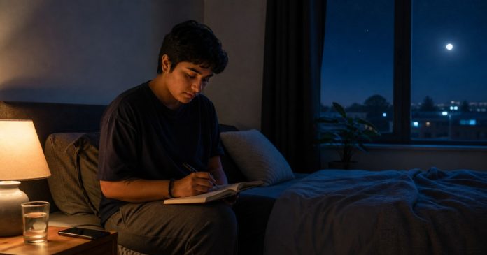 Adult recording a nighttime insight in a bedside journal before sleep