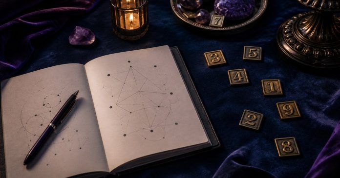 Number tiles and notebook illustrating numerology patterns