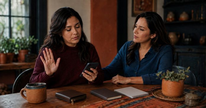AI-created editorial illustration; corrected natural screen and reading-material orientation. An adult Latina woman in a burgundy sweater calmly declining a suspicious phone payment request while a trusted female friend sits beside her, offering grounded support