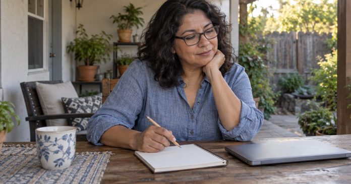 Woman writing in a notebook beside a closed laptop on her backyard patio