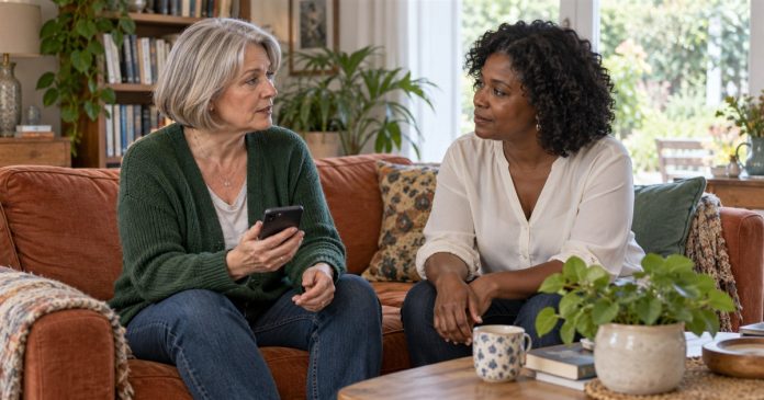 Two women talking calmly on a sofa while one holds a phone