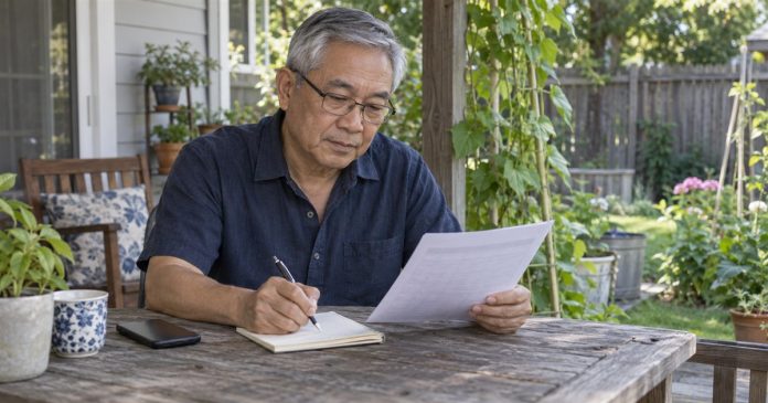 Older man reviewing a paper and writing a question at his backyard porch table