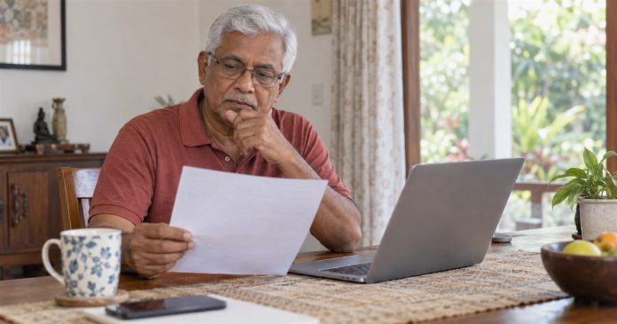 Older man comparing a printed sheet beside an open laptop at his home dining table
