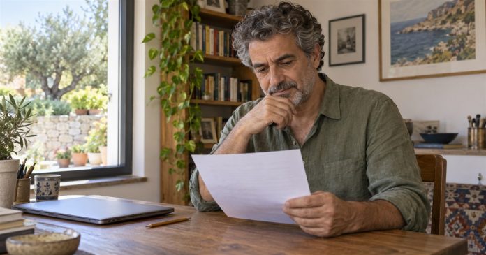 Considering a service offer in a home study Man reading a paper service offer at a wooden desk beside his home study window
