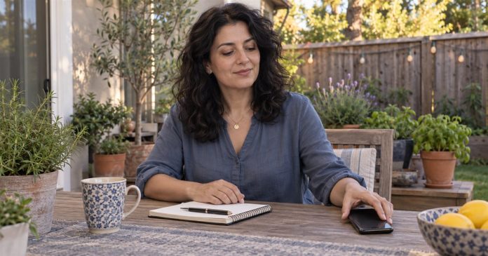 Taking a phone pause on a home patio Woman setting a smartphone aside next to a notebook on her garden patio table