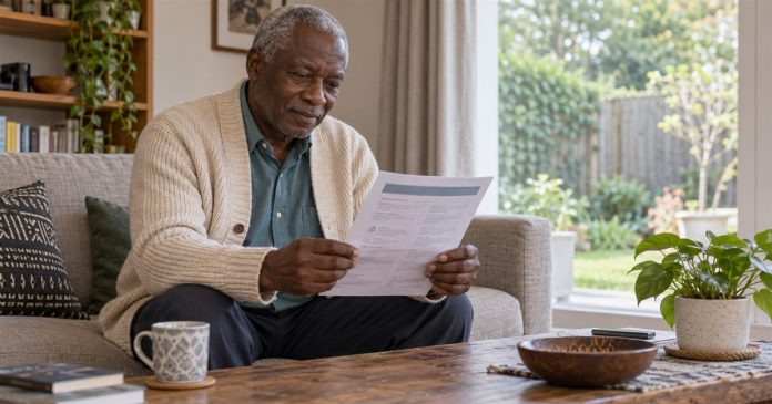 Reading service information in a home living room Older man reading a paper information sheet on a sofa beside a window overlooking his garden