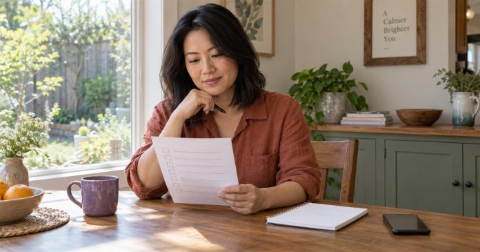 Woman reviewing a paper checklist at a wooden table beside her home kitchen window