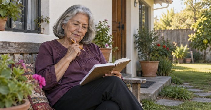 Reflecting with a notebook on a home garden bench Older woman holding a pencil and notebook on a wooden bench in her home garden
