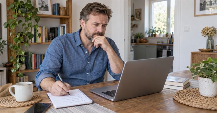 Comparing an online service at a home dining table Man reviewing a laptop and writing a checklist at his home dining table