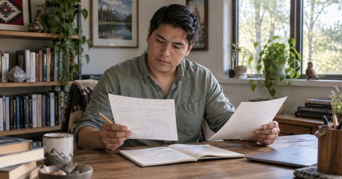 Man comparing two pages of notes at a wooden desk in his home study