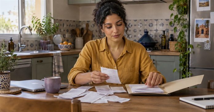 Woman organizing receipts into a folder at her home kitchen counter