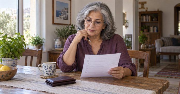 Reviewing a service checklist at home Older woman with glasses reviewing a paper checklist at her home dining table