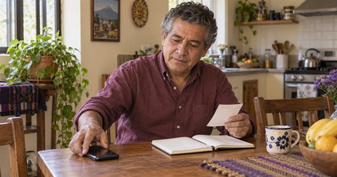 A calm spending boundary at home Older man reviewing a paper and notebook beside his phone at a home kitchen table