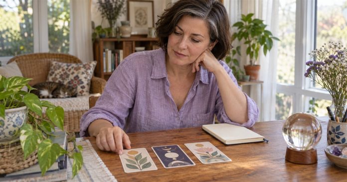 Woman considering illustrated cards beside a notebook and clear glass sphere at a home table