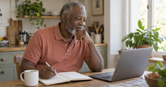 Reader-label comparison at home Older man comparing notes with a laptop at a home breakfast table