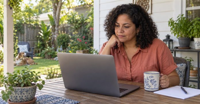Free reading offers — home service review Woman reviewing a laptop on a covered home patio beside a mug and notes