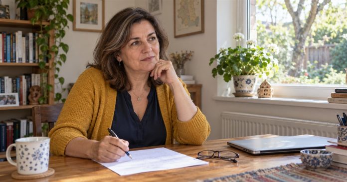 Woman considering a sheet of notes at a sunlit home desk