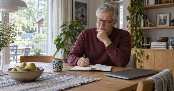 Psychic myths and facts — reflective home scene Man thoughtfully reviewing a notebook at a sunlit home dining table