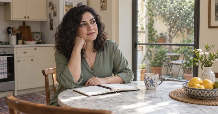 Relationship reflection about personal choices at home Woman reflecting beside an open notebook and mug at a home kitchen table