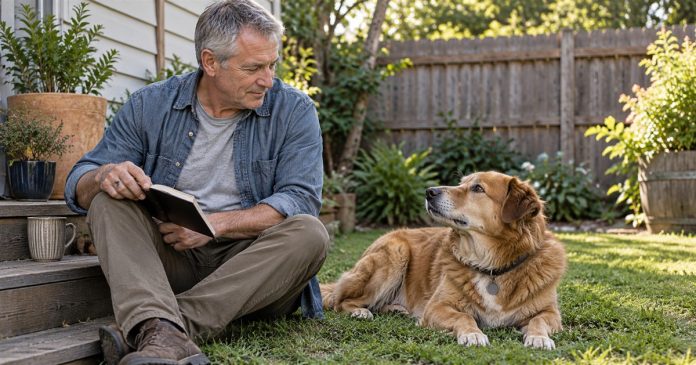 Pet observation notes in an ordinary backyard Man holding a notebook beside a relaxed brown dog in a fenced backyard