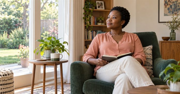 Woman with an open notebook in a green armchair looking toward a garden window