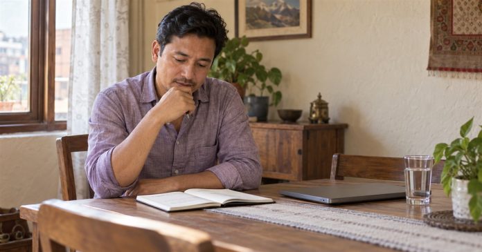 Advisor topic and approach planning at home Man reviewing an open notebook at a home table beside a closed laptop