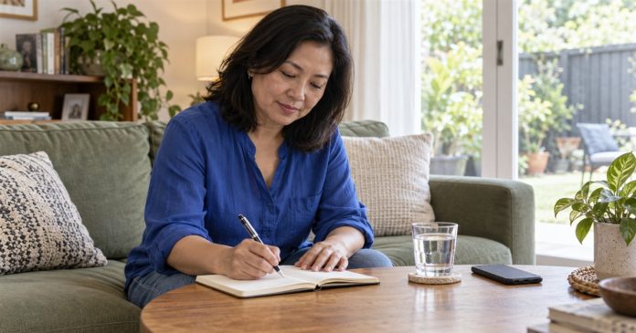 Woman writing a question in a notebook beside a face-down phone at home