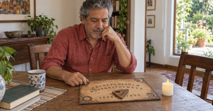 Man examining a talking board beside a flameless candle at a home dining table