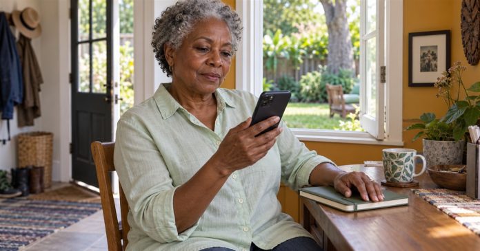 Older woman reviewing a phone message beside a closed notebook in a bright home