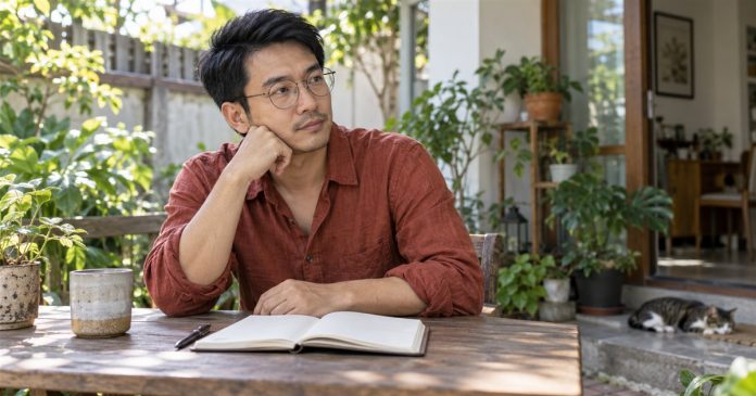 2914 Dating readiness patio reflection Man in a rust shirt reflecting beside an open notebook on a home garden patio