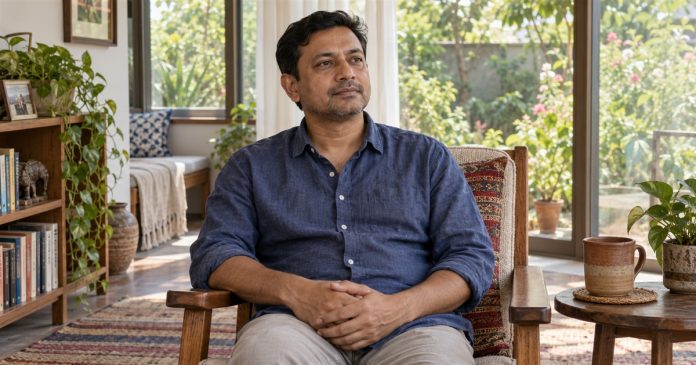 Mantra reflection at home Man in an indigo shirt seated comfortably in a bright home sunroom with a garden view
