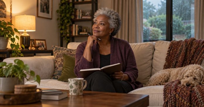 Lightning reflection — illustrative home setting Woman in a plum cardigan reflecting with a notebook on a sofa in a home sitting room