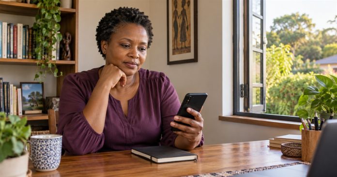Woman in an aubergine blouse reviewing her phone at a home desk beside a window