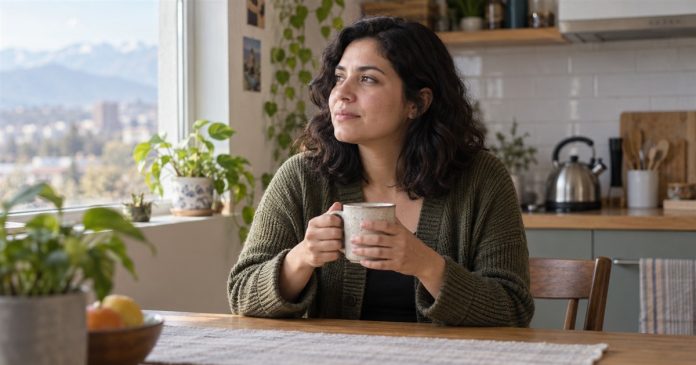 Woman in an olive cardigan holding a mug and looking toward a kitchen window