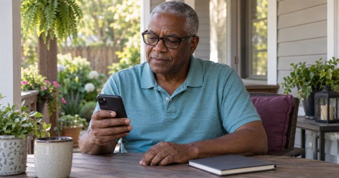 Older man in a turquoise polo considering a phone message at a backyard porch table