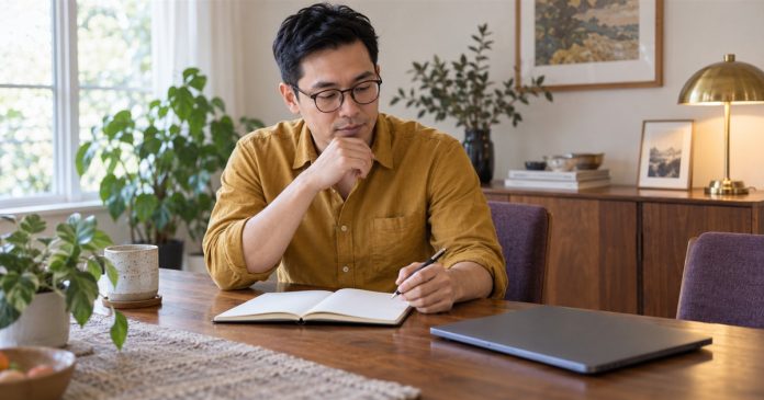 Real and fake psychic clues — checking what was said Man in a mustard shirt reviewing a notebook beside a closed laptop at a home dining table