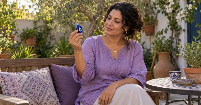 Chakras curses and evil eye — meaning without fear Woman in a lavender blouse holding a blue eye-shaped keepsake on a garden bench