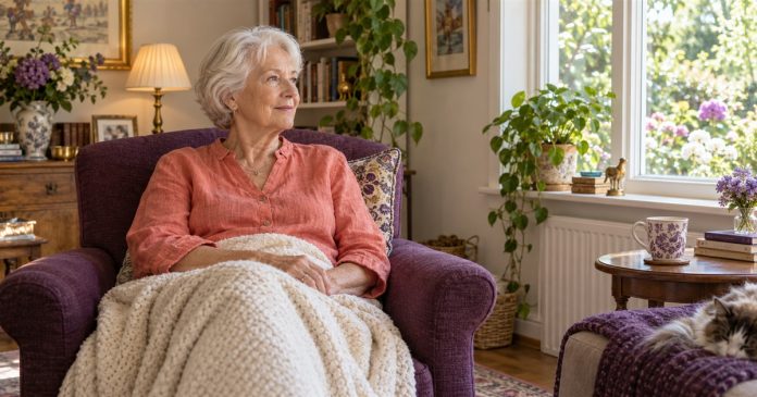 Older woman resting in a plum armchair with a cream blanket in a sunny living room