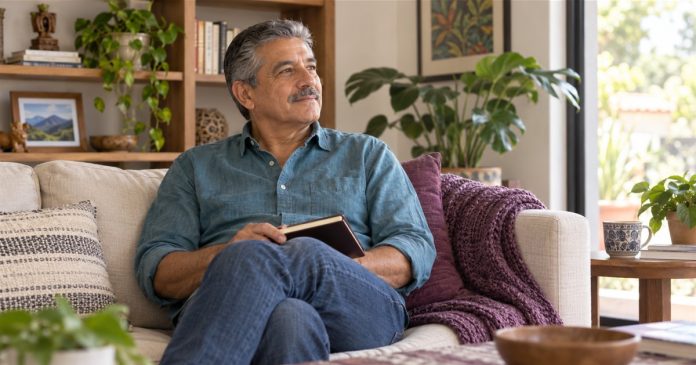 Thoughtful pause with a notebook at home Mature man holding a closed notebook while sitting on a cream sofa at home