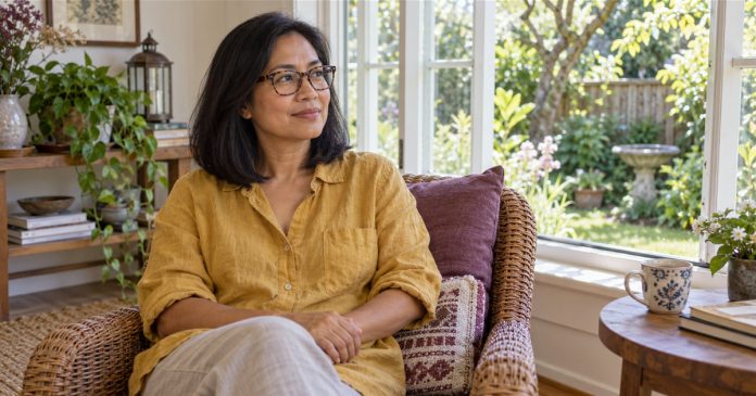 Ordinary listening in a home sunroom Woman sitting with eyes open beside a sunroom window overlooking her yard