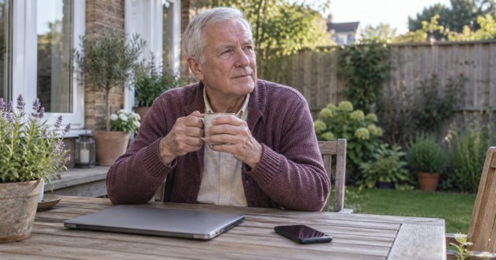 3094 Practical limits patio cover Older man pausing with a cup of tea beside a closed laptop on his home patio