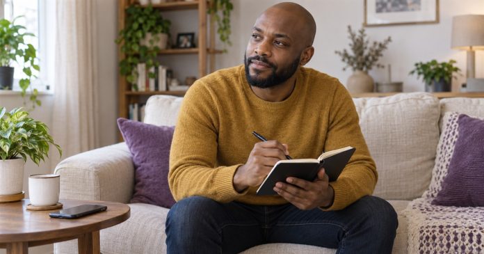 Man with a notebook preparing questions on a sofa at home