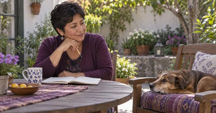 3108 Awakening reflection in a home yard Woman with an open notebook watching her relaxed dog on a garden patio