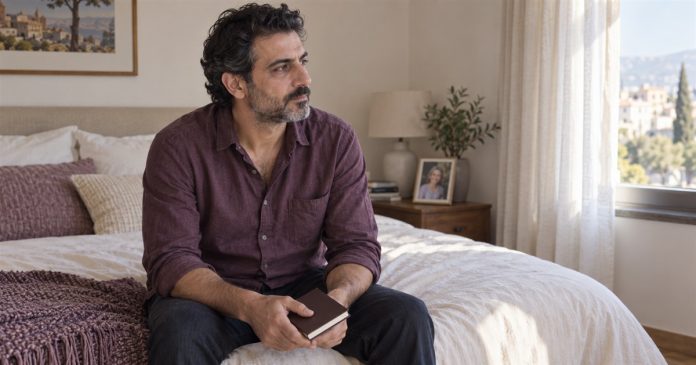3118 Visitation dreams reflective bedroom cover Man sitting on a bed with a closed notebook in morning light