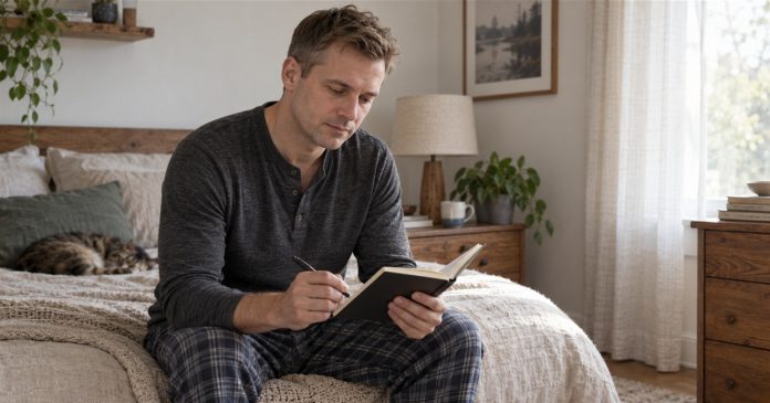 Recurring dreams: morning reflection at home Man making a brief notebook entry in a softly lit bedroom