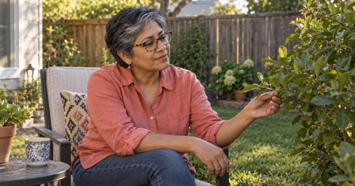 Places and psychic energy: everyday atmosphere Woman noticing leaves while seated in a sunny residential backyard