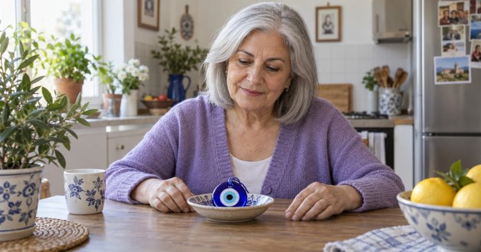 3152 Evil eye keepsake at home Woman looking at a blue glass eye keepsake in a ceramic dish at home