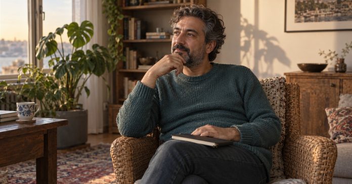 Man pausing thoughtfully with a closed notebook in a sunlit living room