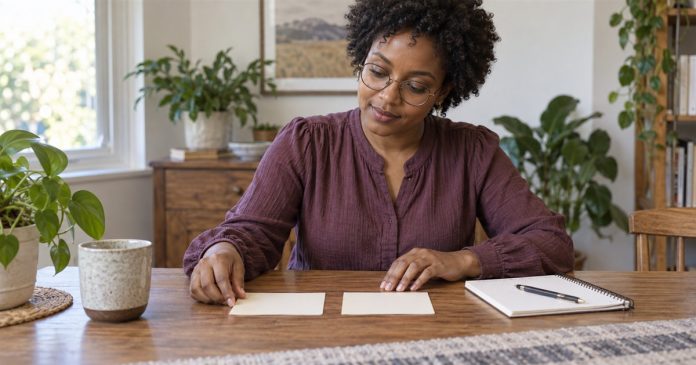 Woman comparing two blank note cards beside a notebook at home