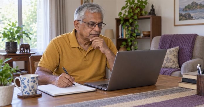 Man reviewing a laptop and taking booking notes at home